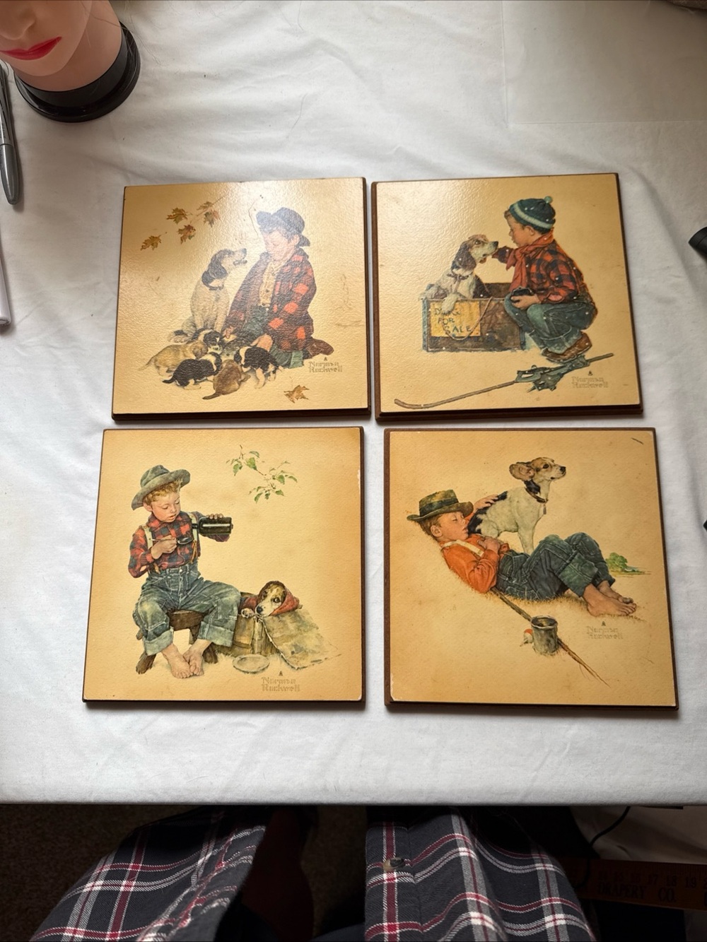Norman Rockwell Boys and Dogs Decorative Tiles in Beige and Green Accents